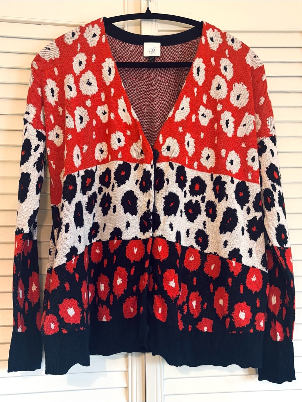Cabi Leopard Animal Print Cardigan Sweater Red Black White Small S